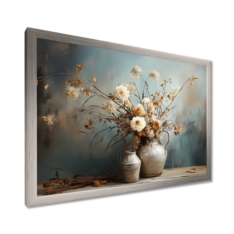 Floral, plante, bouquet, nature morte, vase, oasis, art mural pour salon, Cadre photo argenté, H 30 po x l 40 po x P 1,5 po