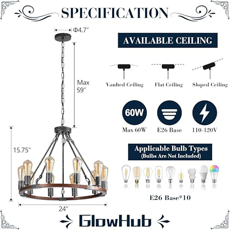 Luminaire suspendu rond en fer 10 lumières GlowHub Farmhouse