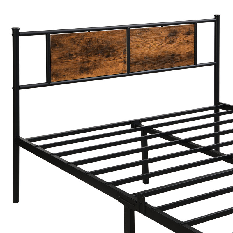 Structure de lit très grand noir avec tête de lit à panneau en bois et décoration, structure en métal stable, grande capacité de charge silencieuse, rangement inférieur, assemblage rapide, tête de lit décorée sans sommier, structure