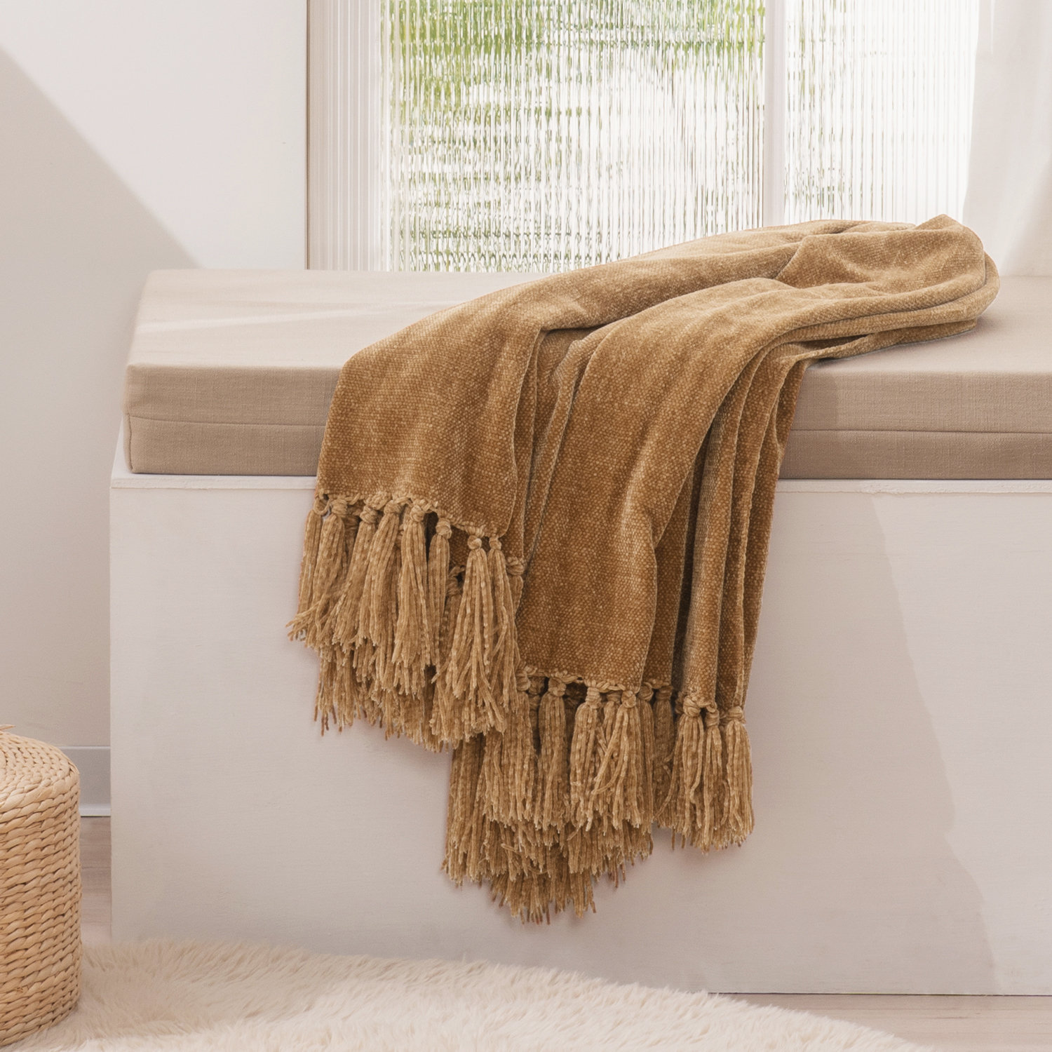 Soft Chenille Throw Blanket, 80" L x 60" W, Warm Beige