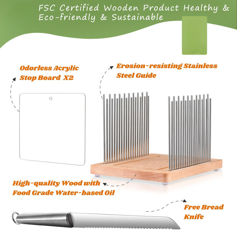 Bread Slicer, Bread Slicer For Homemade - Bread Cutting Guide Adjustable, Stainless Steel Slicing Guide, Durable And Stable Wooden Structure With Bread Knife