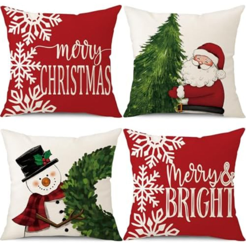 Ensemble de 4 housses de coussins décoratifs pour Noël Merry Christmas Snowman, Square 18"