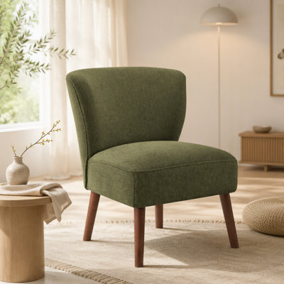 Chaise d'appoint, H 33 po, rembourrée, salon, chambre à coucher, tissu vert, pieds en bois de noyer massif, style Mid-Century, moderne