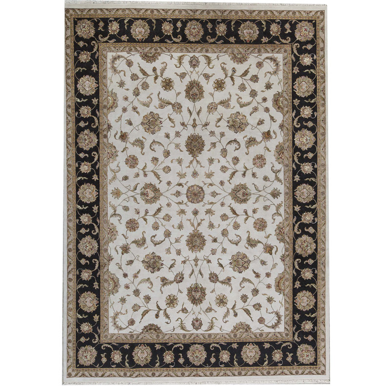 Tapis ivoire et noir noué à la main de haute qualité