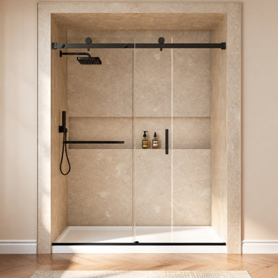 Cascada 56-60" W x 76" H Single Sliding Frameless Shower Door with Explosion-Proof Film Nano Coating,304 Stainless Steel Top Rail and Hardware,1/4" 6mm Tempered Glass,Matte Black