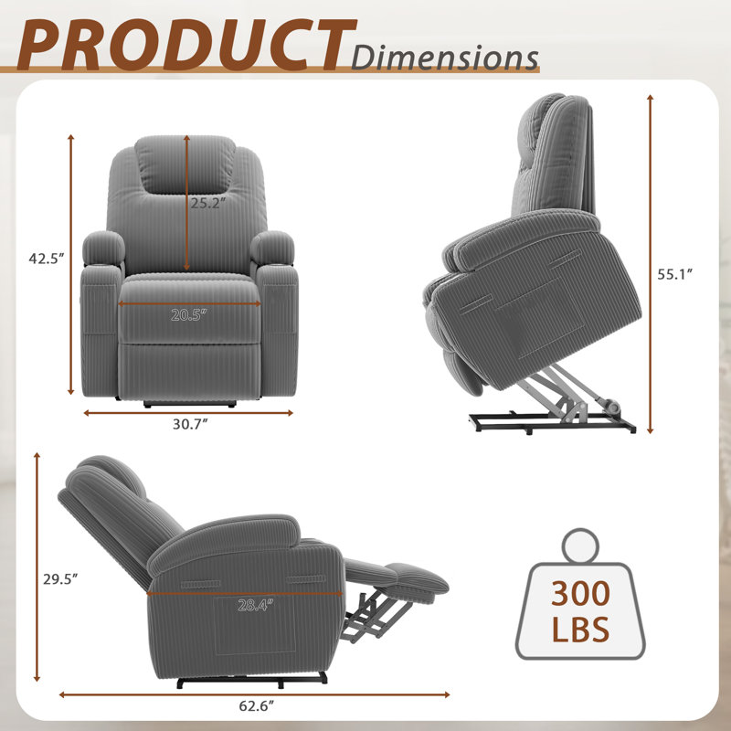 Corduroy Power Massage Recliner With Remote Angle Adjustment, Gray
