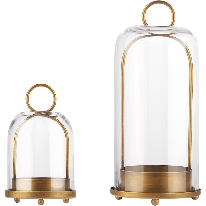 Set Of 2 Brass Metal Candle Holders With Glass Domes 