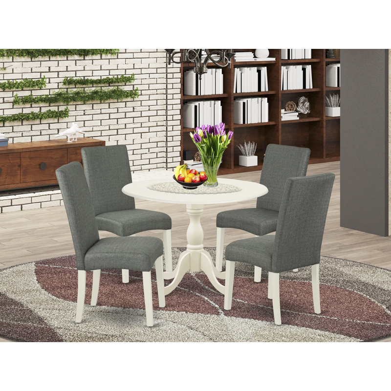 L'ensemble de table de cuisine 5 pièces pour 4 personnes comprend une table de salle à manger ronde avec Dropleaf et 4 chaises de salle à manger Parsons en tissu gris, lin blanc