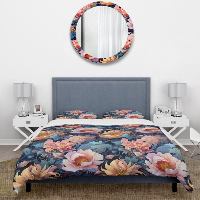 Ensemble de housse de couette à motif floral rose forêt enchantée, Housse de couette simple + 1 taie décorative stan
