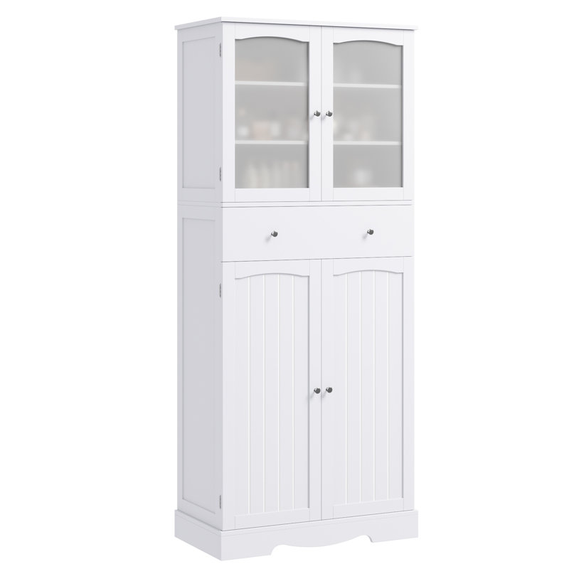 White 70.8'' Wooden Bathroom Cabinet with Glass Doors and Drawer