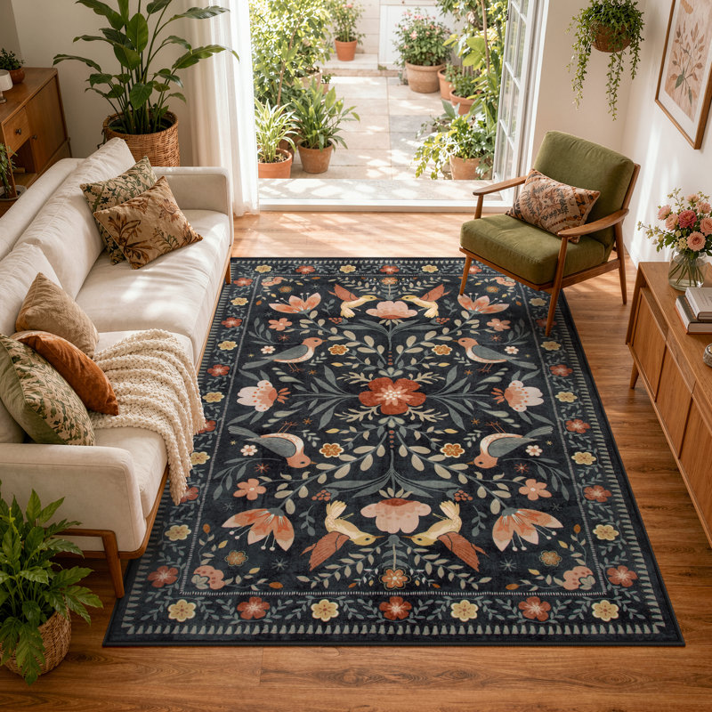 Goldene Boho Bird Area Rug Washable Rugs for Living Room, Large Floral Bedroom Carpet Low-Pile, Rectangle 5' x 7'