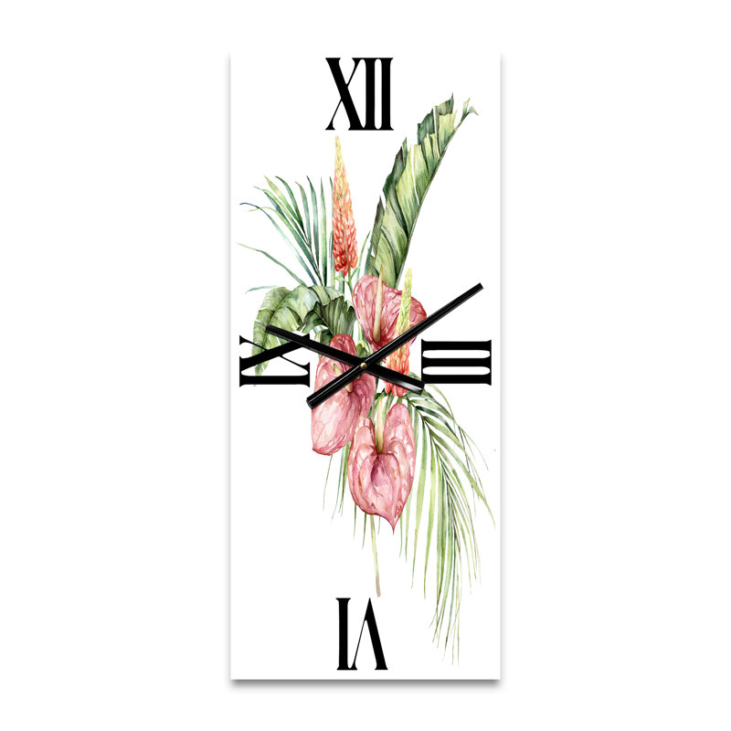 Horloge murale Bouquet tropical avec anthurium lupin et feuilles II, Grand