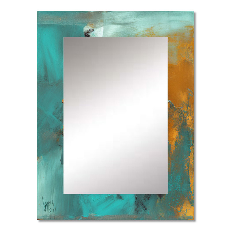 «Becoming the Ocean Sun» abstrait bleu sarcelle et or - peinture abstraite, miroir mural unique, art moderne imprimé sur métal