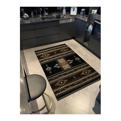 Black Themed Traditional Motif Patterned Decorative Rug