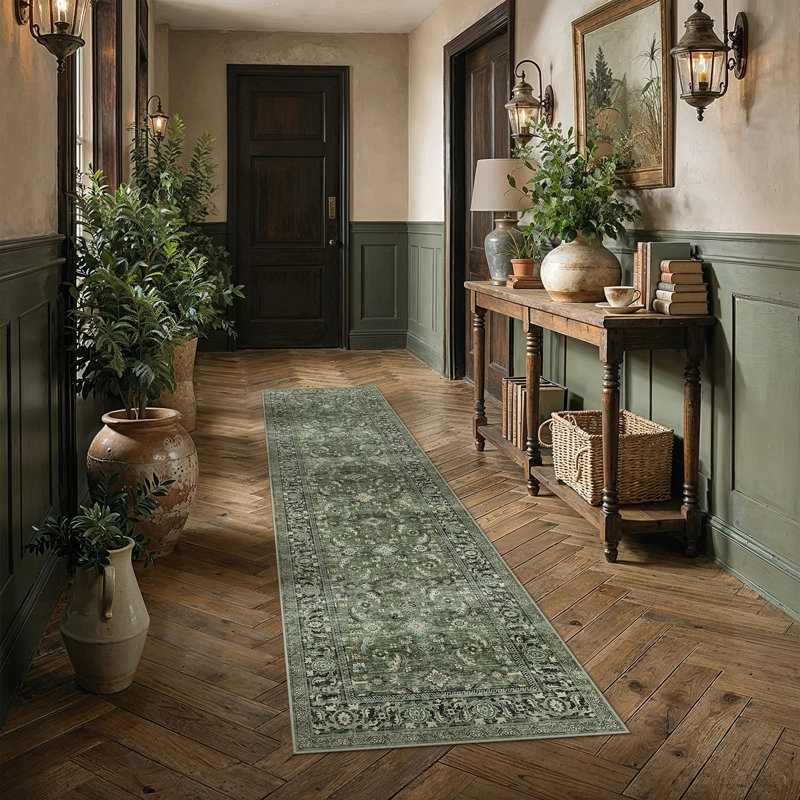 Vintage Oriental Area Rug in Green, Runner 2'3" x 7'6"