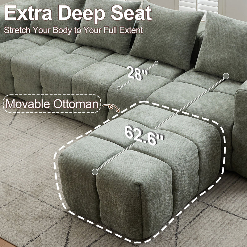 Modular Chenille Cloud Sofa, 3-Piece Boneless L-Shape Sectional with Ottoman, No Assembly, Green Chenille