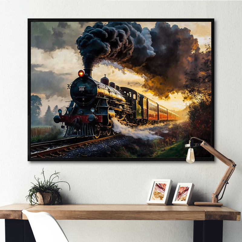 Vieux train aux États-Unis - train, art mural, L 40 po x H 30 po x P 1,5 po, Cadre flottant noir
