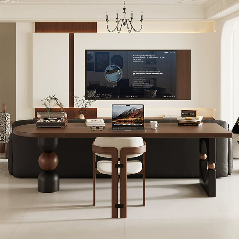 Bureau brun en demi-cercle en bois massif, 29.53"H×70.87"L ×23.62"W