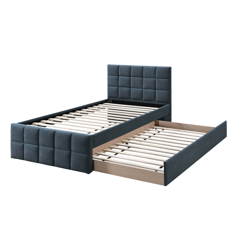 Lit double gigogne de style contemporain avec tête de lit tapissier en lin gris anthracite et lit gigogne