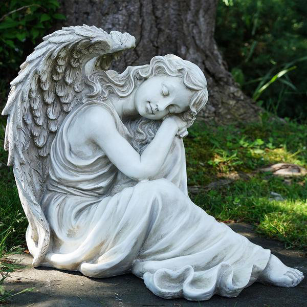 Ivory Polyresin Resting Angel Garden Statue, 19"