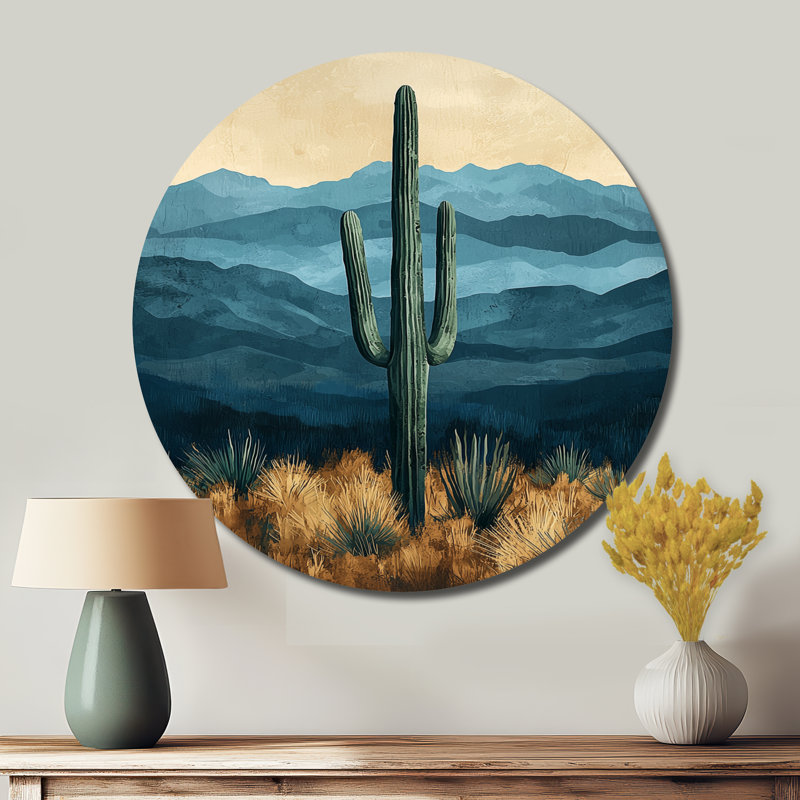 Cactus et montagnes I - art mural traditionnel vert en métal, impressions rondes de cactus, H 23 po x l 23 po