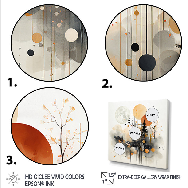 Paysage moderne noir et jaune de la forêt IV - Art abstrait paysage mural, Cadre doré simple, H 36 po x l 36 po x P 1,5 po