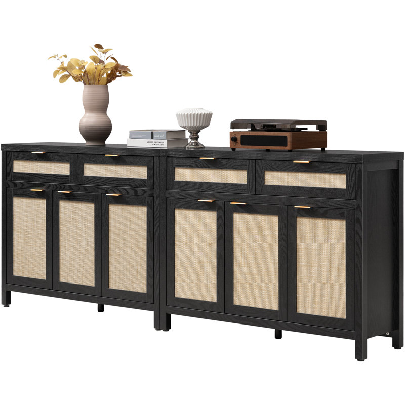 43.39'' W 2-Drawer And 3-Door Rattan Sideboard With Adjustable Shelves, Black Oak