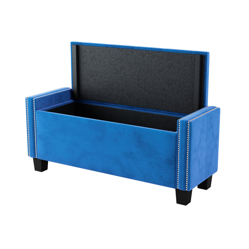 Banc rembourré pour la chambre à coucher - velours bleu, espace de rangement spacieux,