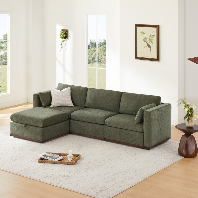 Sayette 4-Piece 112'' Upholstered Modular Sectional with Ottoman, Moss Green Polyester