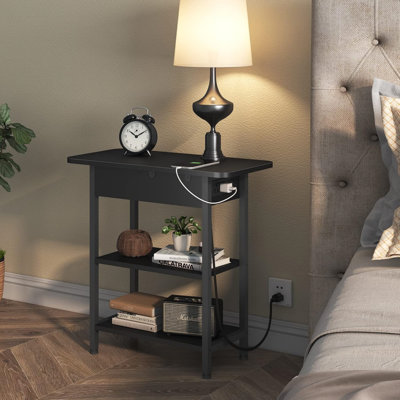 End Table With Charging Station, Flip Top Side Table With Usb Ports And Outlets, Nightstand For Small Spaces, Bedside Tables With Storage Shelf For Living Room, Bedroom, Black