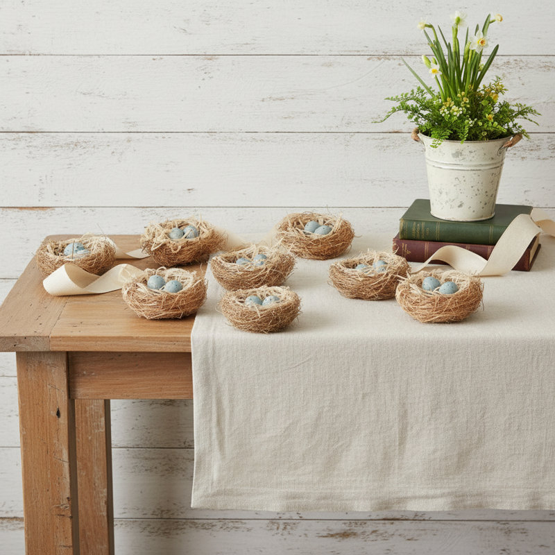 Ensemble de huit nids d'oiseaux décoratifs bruns et bleus avec des œufs