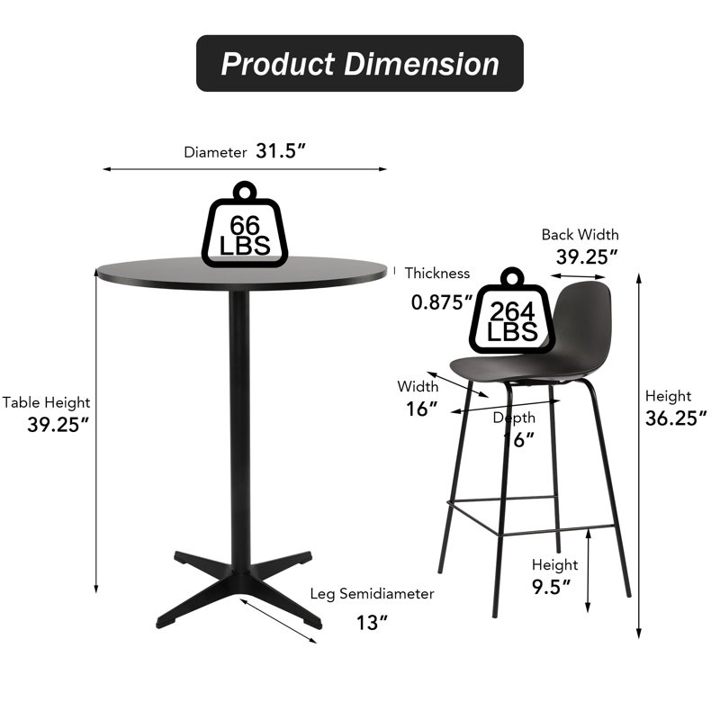 Modern Dining Table Set For 2, 3 Piece Dinette With Black Pp Barstools For Home, Apartment, Black Wood Top, Black Base, Black