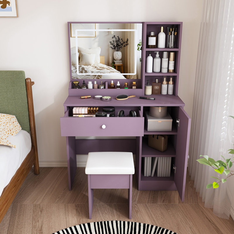 Coiffeuse de maquillage avec tabouret et miroir réglable à DEL