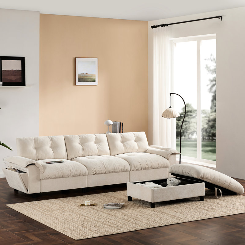 Canapé modulaire en chenille avec 4 sièges, accoudoir multifonctionnel, porte-gobelet, charge, poches latérales, mouvement, pour le confort de la maison
