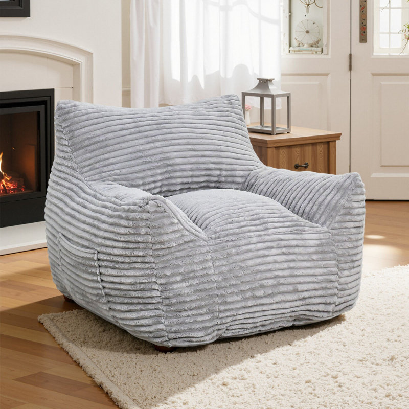 Compression Large Corduroy Fabric Bean Bag Chair & Lounger, Light Gray Corduroy