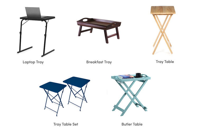 A collage showing a laptop tray, breakfast tray, tray table, tray table set, and butler table