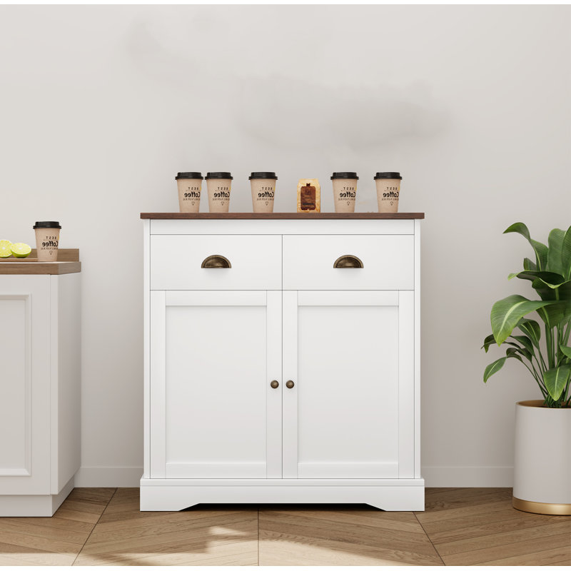Coffee Bar Cabinet, Modern Farmhouse Buffet Cabinet With 2 Drawers And Adjustable Shelf