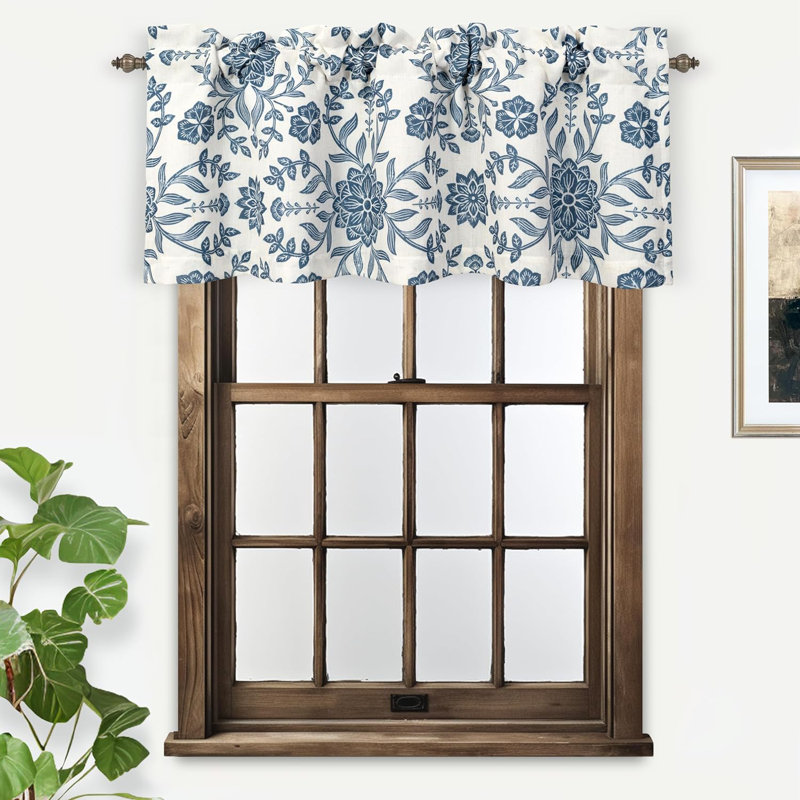 Cantonnière Twyla, Twyla ivoire / bleu marine, H 18 po x l 52 po, Motif floral