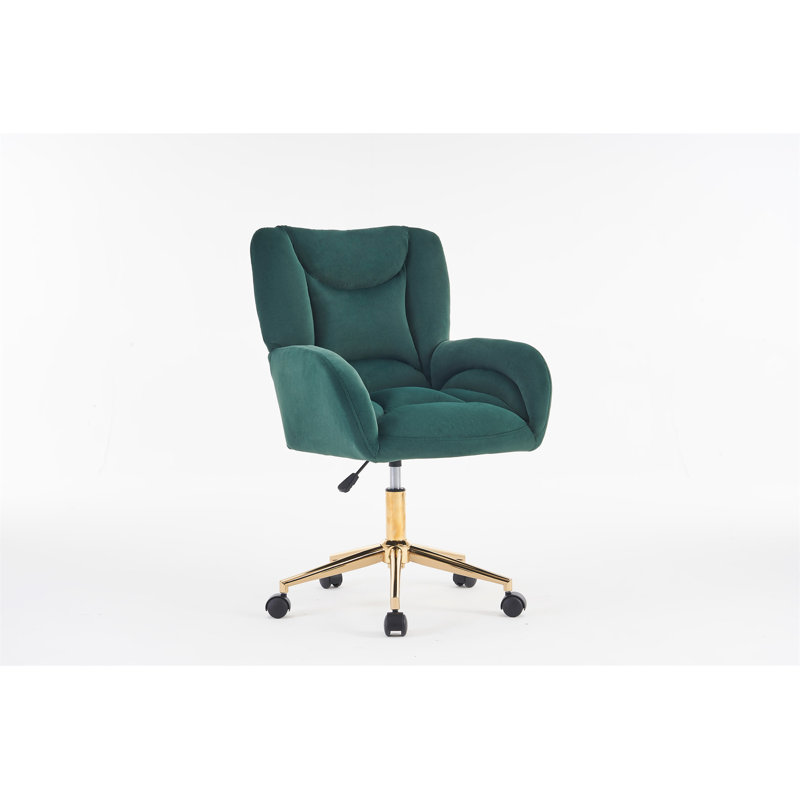 Velvet Fabric 360 Swivel Home Office Chair With Gold Metal Base And Universal Wheels, Green