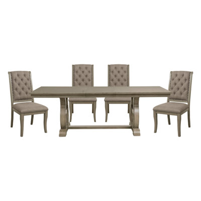 Classic Luxury Dining 5pc Extendable Table and Chairs Set Button Tufted Upholstered Self-Storing Leaf Traditional Design Furniture