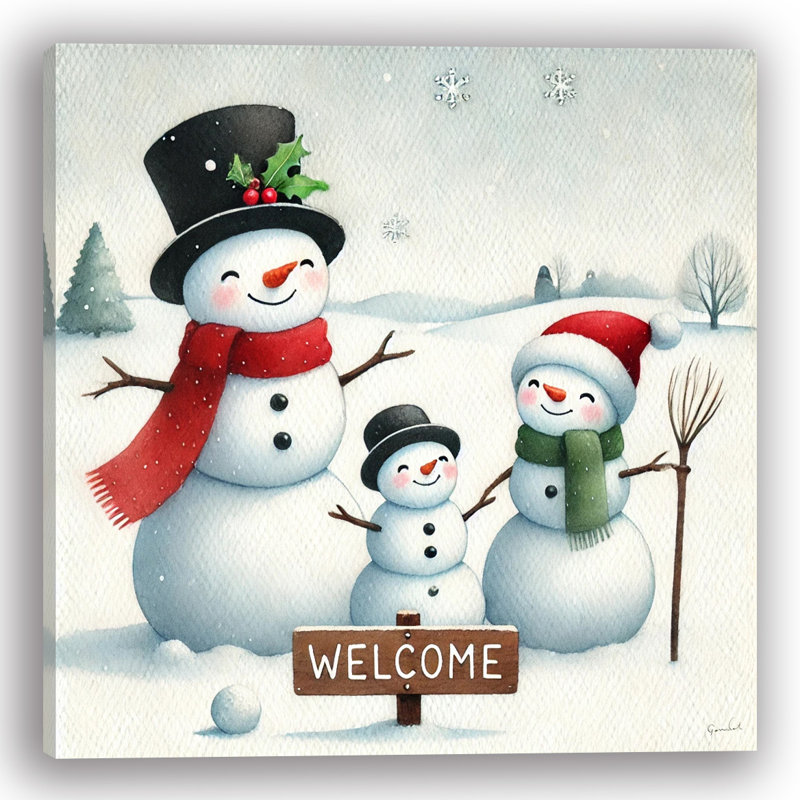 «Frosty Greetings: Wel accueilling Snowman Family», art mural sur toile, H 30 po x l 30 po x P 1,5 po