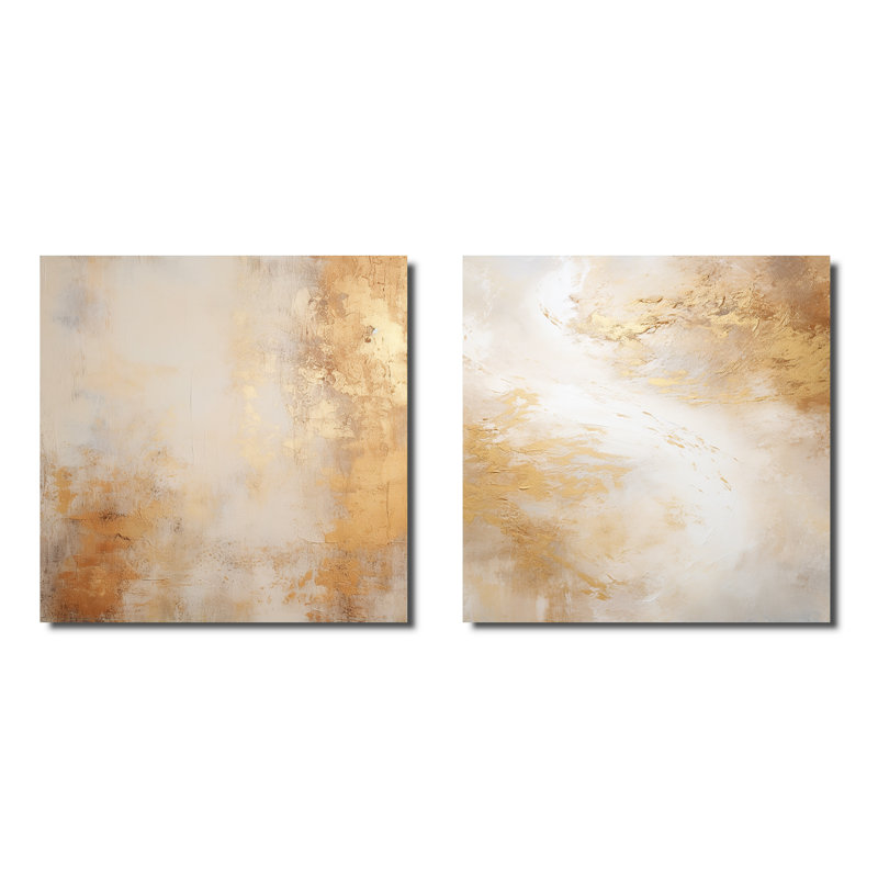 Minimalisme beige et or - tempêtes III - ensemble de 2 collages abstraits carrés, Toile tendue, H 30 po x l 61 po