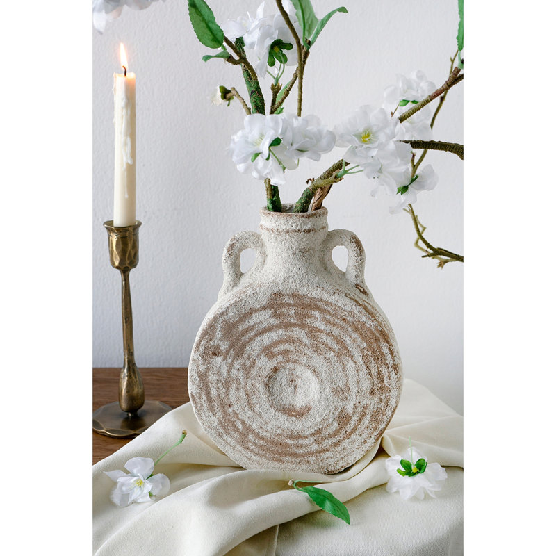 Vase rond en céramique 7,3 x 3,1 x 9,1 po avec finition blanche usée et brune