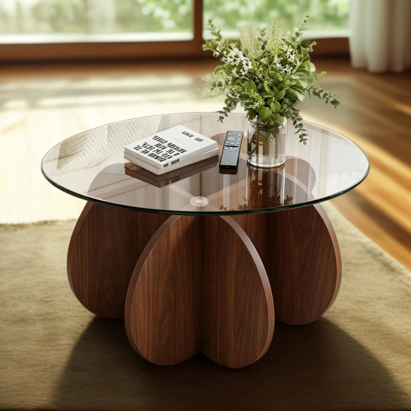 Table basse en forme de citrouille avec plateau en verre trempé et structure robuste en MDF, montage sans outil, pièce maîtresse moderne pour le salon