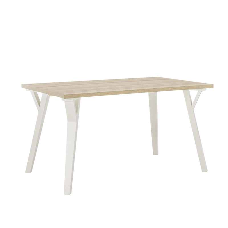 Table rectangulaire moderne avec structure blanche et brun clair, 6 sièges en chêne de style élégant, pieds en bois massif, plateau de table