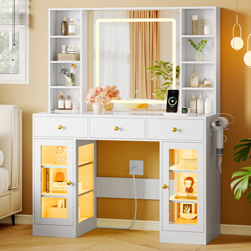 Vanity Desk with RGB Lights, Glass Top, Lighted Mirror and Built-in Hair Dryer Rack, All-in-One White Makeup Table with Drawers and Shelves
