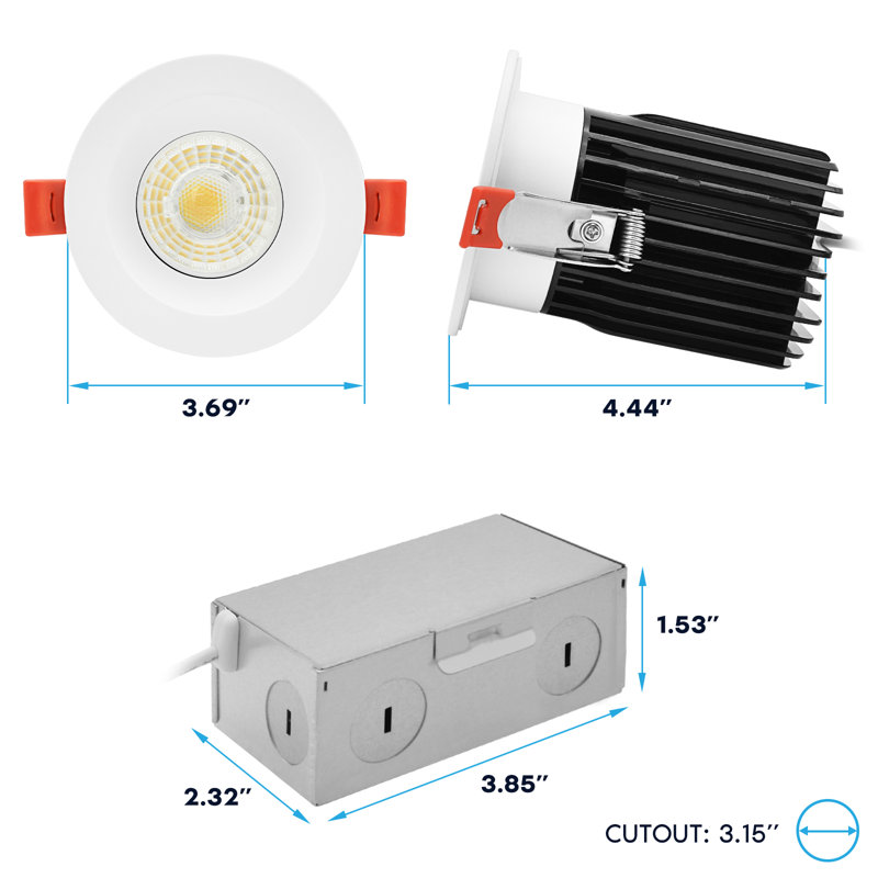 LuxRITE 3 po Projecteur à DEL sans cadre régressé + garniture ronde blanche, 5CCT, Twist N 'Lock, 15W, 1250LM, faisceau à intensité variable 38 ° CRI90, IC et Wet évalué ETL