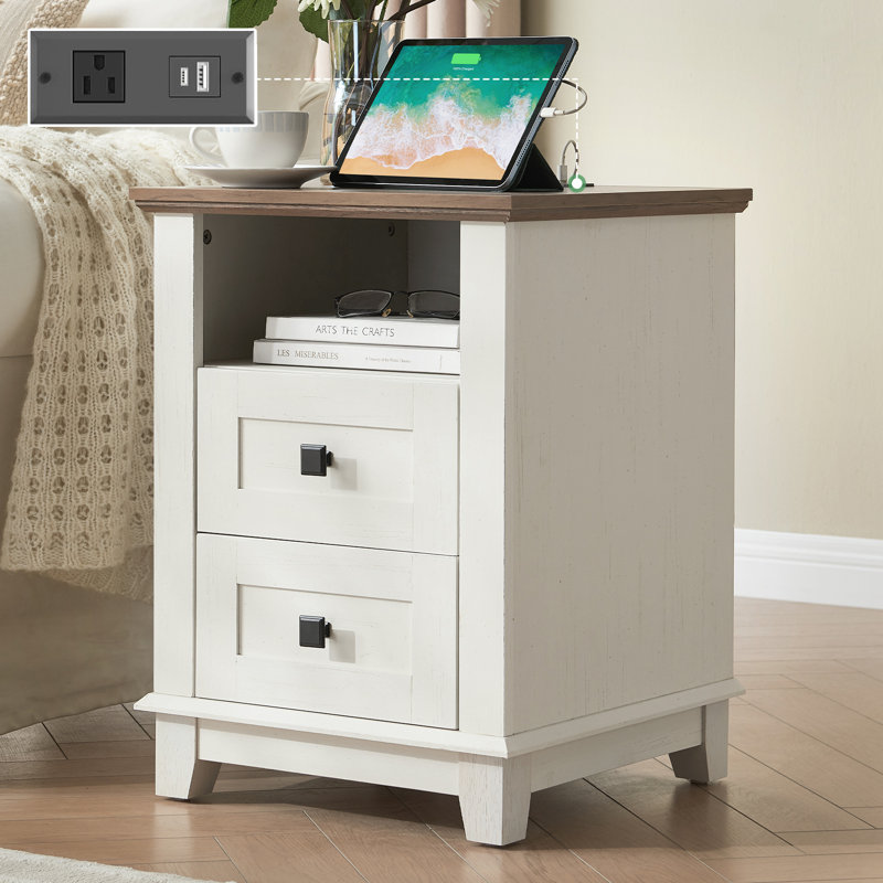 Demitrus 4 - Drawer End Table and Built-In Outlets,White, White