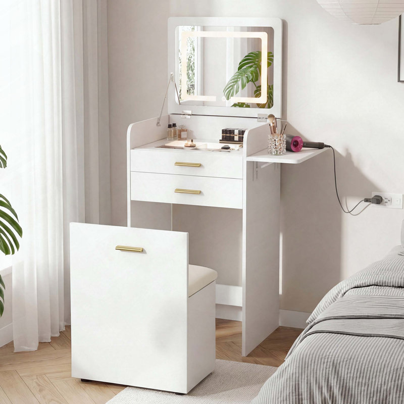 Table de coiffeuse rabattable avec miroir intégré, lumières DEL et tabouret de rangement