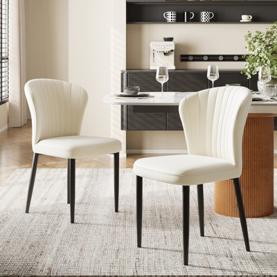 Set of 2 Modern Upholstered Dining Chairs, Curved Channel-Tufted Back, Padded Seat, Black Metal Legs